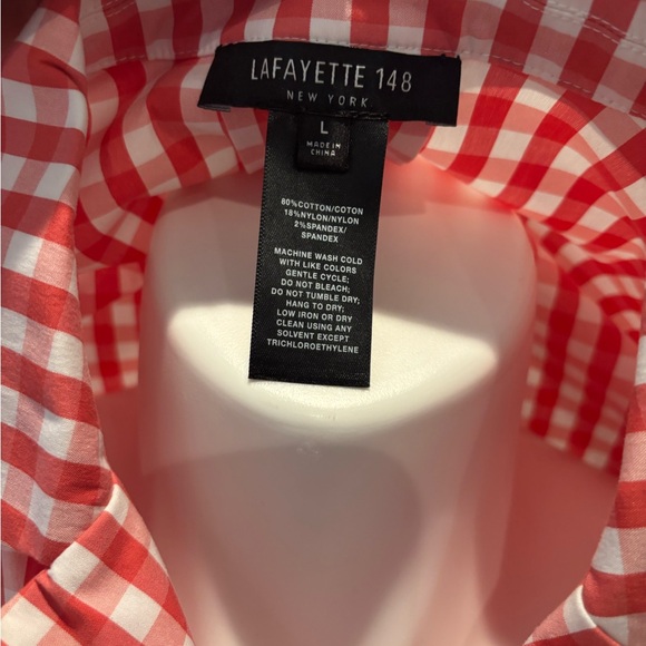 Lafayette 148 New York Coral and White Gingham 3/4 Sleeve Blouse - Picture 2 of 6